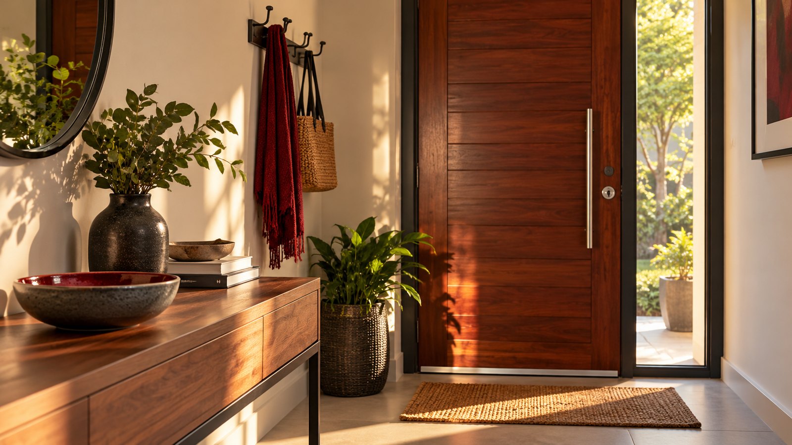 Residential entrance with an empty key bowl near the front door