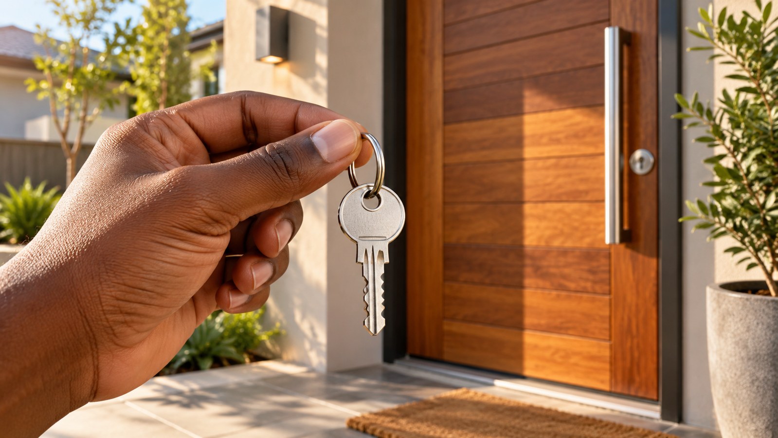 House key held on a ring beside a residential front door